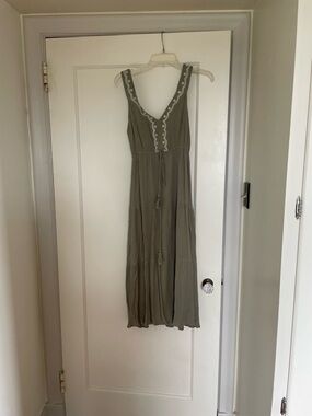 Hem and Thread Olive Green Embroidered V-Neck Maxi Dress